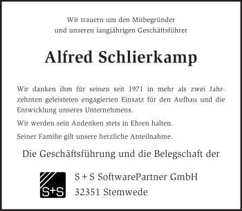Todesanzeige von Alfred Schlierkamp von KREISZEITUNG SYKE