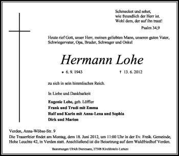 Todesanzeige von Hermann Lohe von KREISZEITUNG SYKE
