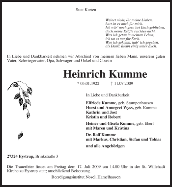 Todesanzeige von Heinrich Kumme von KREISZEITUNG SYKE