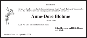 Todesanzeige von Änne-Dore Blohme von KREISZEITUNG SYKE