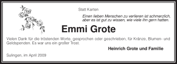 Todesanzeige von Emmi Grote von KREISZEITUNG SYKE