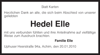 Todesanzeige von Hedel Elle von KREISZEITUNG SYKE