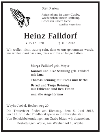Todesanzeige von Heinz Falldorf von KREISZEITUNG SYKE