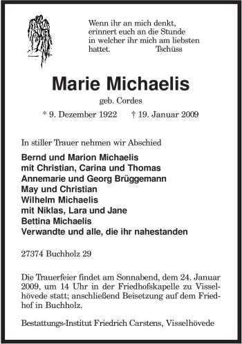 Todesanzeige von Marie Michaelis von KREISZEITUNG SYKE