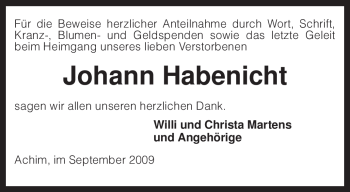 Todesanzeige von Johann Habenicht von KREISZEITUNG SYKE
