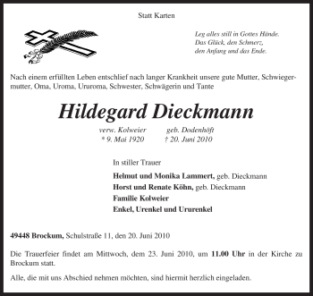 Todesanzeige von Hildegard Dieckmann von KREISZEITUNG SYKE
