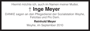 Todesanzeige von Inge Meyer von KREISZEITUNG SYKE