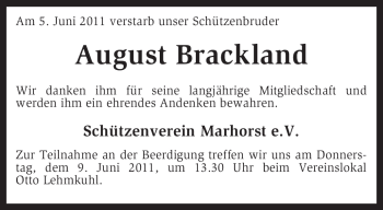Todesanzeige von August Brackland von KREISZEITUNG SYKE