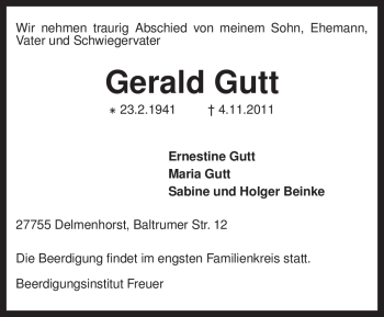 Todesanzeige von Gerald Gutt von KREISZEITUNG SYKE