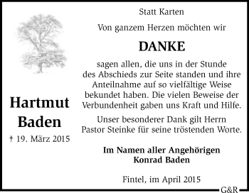 Todesanzeige von Hartmut Baden von KRZ