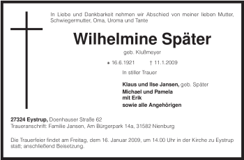 Todesanzeige von Wilhelmine Später von KREISZEITUNG SYKE