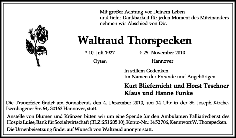  Traueranzeige für Waltraud Thorspecken vom 01.12.2010 aus KREISZEITUNG SYKE
