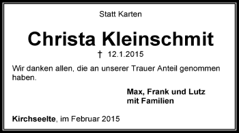 Todesanzeige von Christa Kleinschmit von KRZ