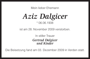 Todesanzeige von Aziz Dalgicer von KREISZEITUNG SYKE