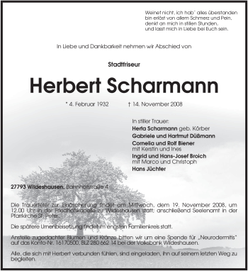 Todesanzeige von Herbert Scharmann von KREISZEITUNG SYKE