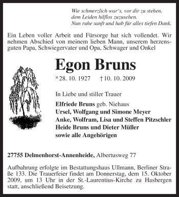 Todesanzeige von Egon Bruns von KREISZEITUNG SYKE