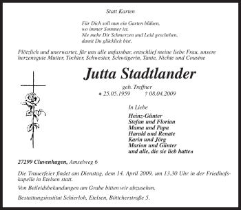 Todesanzeige von Jutta Stadtlander von KREISZEITUNG SYKE