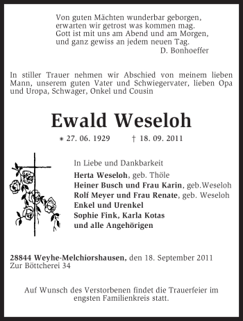 Todesanzeige von Ewald Weseloh von KREISZEITUNG SYKE