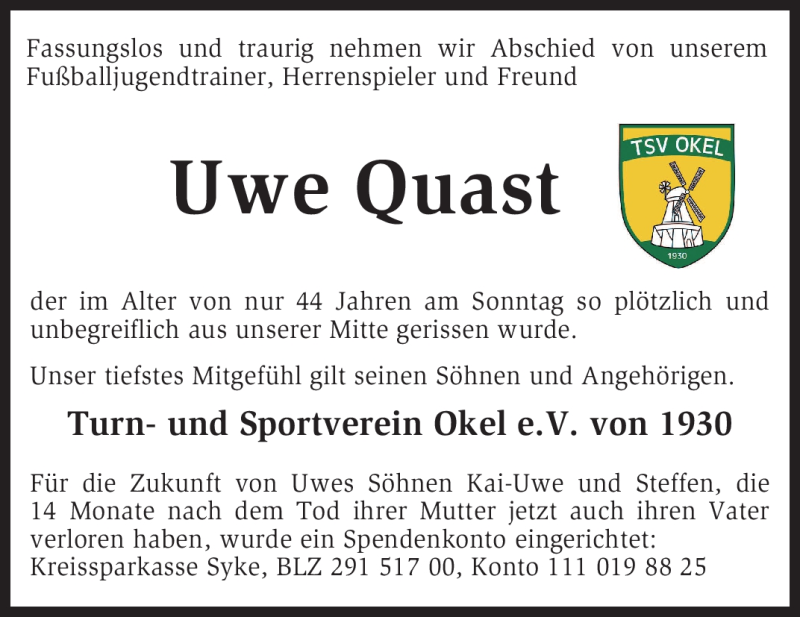  Traueranzeige für Uwe Quast vom 05.11.2009 aus KREISZEITUNG SYKE