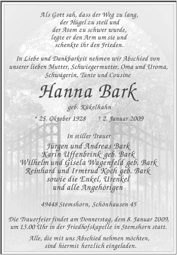 Todesanzeige von Hanna Bark von KREISZEITUNG SYKE