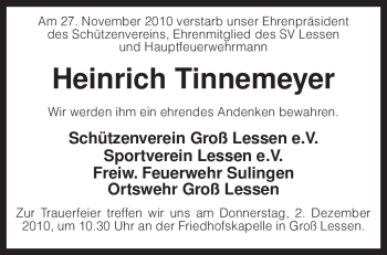 Todesanzeige von Heinrich Tinnemeyer von KREISZEITUNG SYKE