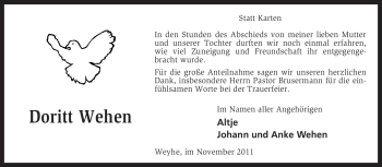 Todesanzeige von Doritt Wehen von KREISZEITUNG SYKE