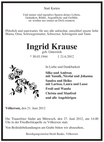 Todesanzeige von Ingrid Krause von KREISZEITUNG SYKE