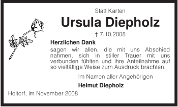 Todesanzeige von Ursula Diepholz von KREISZEITUNG SYKE