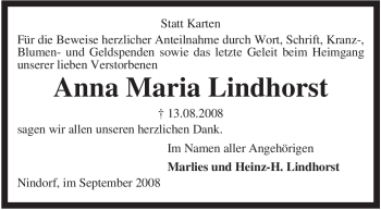 Todesanzeige von Anna Maria Lindhorst von KREISZEITUNG SYKE