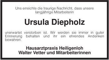 Todesanzeige von Ursula Diepholz von KREISZEITUNG SYKE