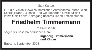 Todesanzeige von Friedhelm Timmermann von KREISZEITUNG SYKE