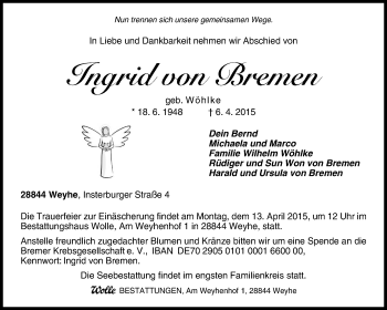 Todesanzeige von Ingrid von Bremen von KRZ