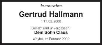 Todesanzeige von Gertrud Hallmann von KREISZEITUNG SYKE