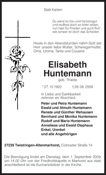 Todesanzeige von Elisabeth Huntemann von KREISZEITUNG SYKE