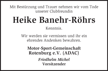 Todesanzeige von Heike Bahnehr-Röhrs von ADAC