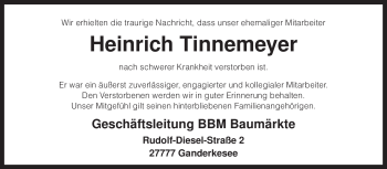 Todesanzeige von Heinrich Tinnemeyer von KREISZEITUNG SYKE