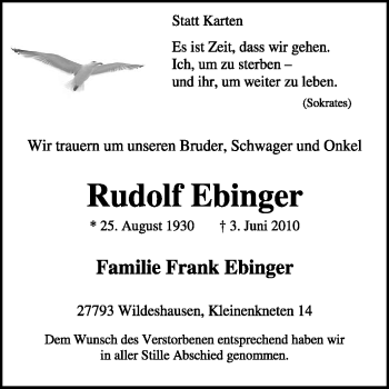 Todesanzeige von Rudolf Ebinger von KREISZEITUNG SYKE