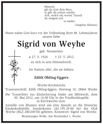 Todesanzeige von Sigrid von Weyhe von KREISZEITUNG SYKE