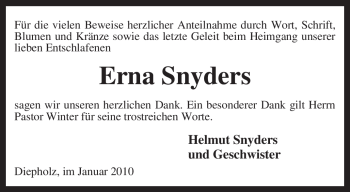 Todesanzeige von Erna Snyders von KREISZEITUNG SYKE