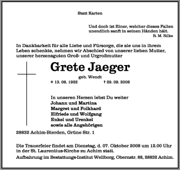 Todesanzeige von Grete Jäger von KREISZEITUNG SYKE