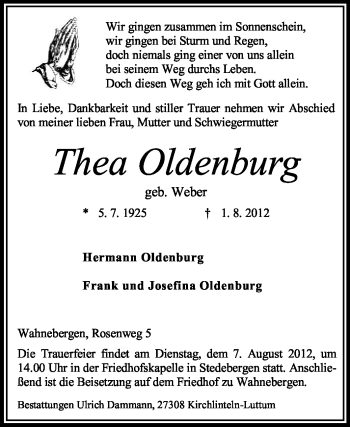 Todesanzeige von Thea Oldenburg von KREISZEITUNG SYKE