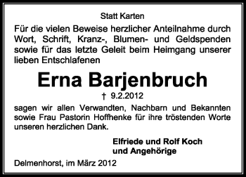 Todesanzeige von Erna Barjenbruch von KREISZEITUNG SYKE