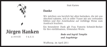 Todesanzeige von Jürgen Hanken von KREISZEITUNG SYKE