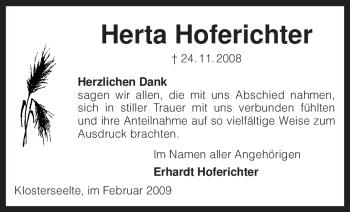 Todesanzeige von Herta Hoferichter von KREISZEITUNG SYKE
