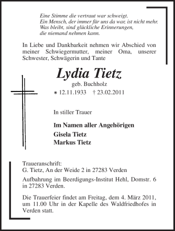 Todesanzeige von Lydia Tietz von KREISZEITUNG SYKE