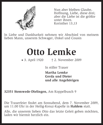 Todesanzeige von Otto Lemke von KREISZEITUNG SYKE