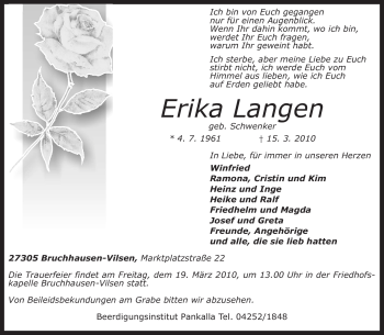 Todesanzeige von Erika Langen von KREISZEITUNG SYKE