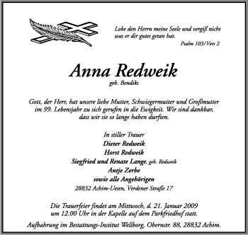 Todesanzeige von Anna Redweik von KREISZEITUNG SYKE