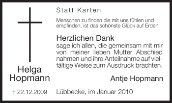 Todesanzeige von Helga Hopmann von KREISZEITUNG SYKE