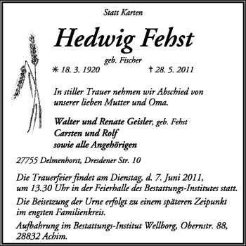 Todesanzeige von Hedwig Fehst von KREISZEITUNG SYKE